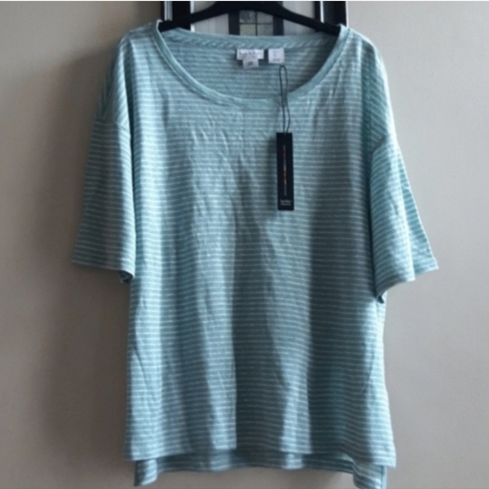 Nicole Miller Light Blue Striped Short Sleeve Top